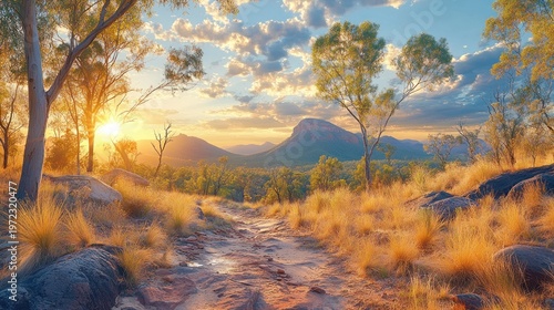 Scenic sunrise vista of a trail through a golden outback landscape.  Vast, rugged terrain meets a colorful sky, dotted with trees and rocks.  Sunlight bathes the scene in warm hues