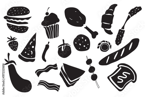 Doodle sketch food set for sticker, icon and more. Black abstract illustration in silhouette of  fast food, bakery, croissant, pizza, chilli, cookie, burger, sushi, bread, chicken, bacon and more.