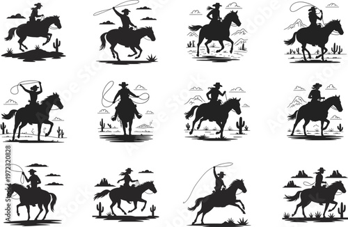 Cowboy riding horse silhouettes set, western rodeo scenes with lasso, desert landscape elements, vintage wild west style – vector illustration