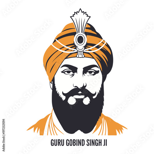 Illustration of the revered Sikh leader Guru Gobind Singh Ji, a prominent figure known for his spiritual and martial prowess