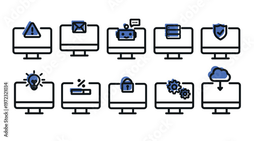 Modern computer and cloud services icon set: 10 desktop PC vectors with security, AI, email, and data icons, fintech blue offset fill and black line style.