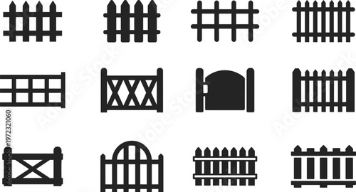 Fence icons set, wooden barriers and garden gates collection, minimal black silhouettes, outdoor construction elements – vector illustration