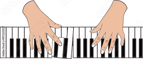 Hands playing piano keyboard illustration, musical instrument concept, realistic fingers on keys, music performance scene – vector illustration