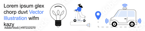 Smart transportation, eco-friendly travel, technology innovation, urban navigation, energy efficiency, sustainability. A woman rides an electric scooter, smart car with GPS signal, and light bulb