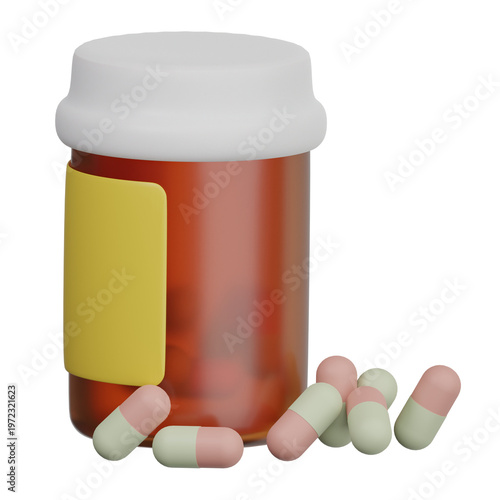 3D Pill Bottle with Capsules Pharmaceutical Healthcare Illustration