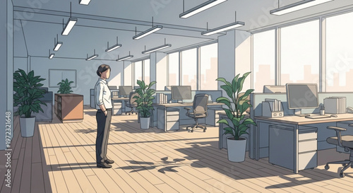 Man standing alone in modern spacious office with wooden floor and large windows feeling lonely or contemplative