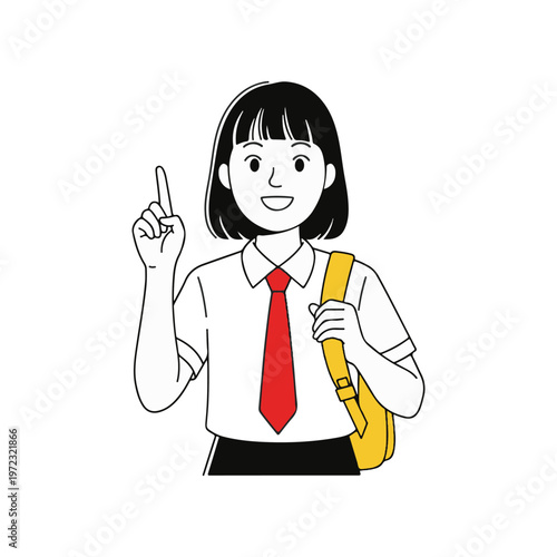 Cheerful student in school uniform with backpack pointing up, a vector illustration representing new ideas, educational guidance, or clear instructions for academic concepts