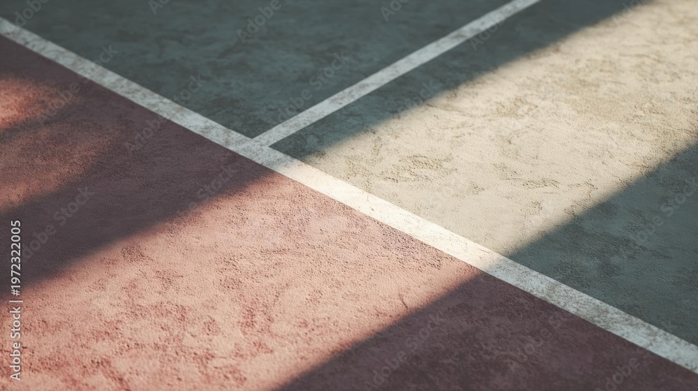 Fototapeta premium Close-up of a tennis court. the court is made of concrete and has a red and green color scheme. the surface of the court is uneven and uneven, with a white line running across it.