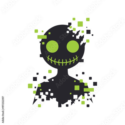 Abstract pixelated monster character with glowing green eyes and stitched mouth, digital art illustration