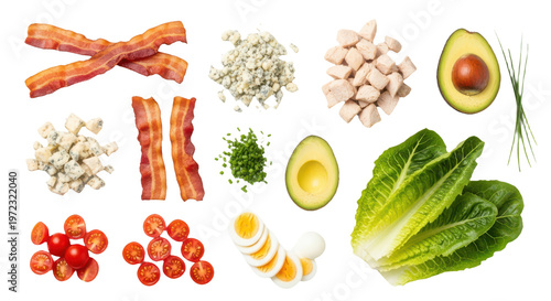 Cobb salad ingredients isolated on transparent background