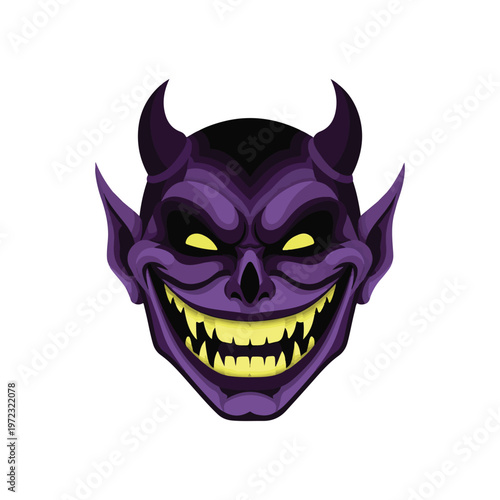 Vibrant vector illustration of a grinning purple monster face, featuring sharp yellow teeth and horns, perfect for Halloween themes or fantasy character designs and digital graphic projects