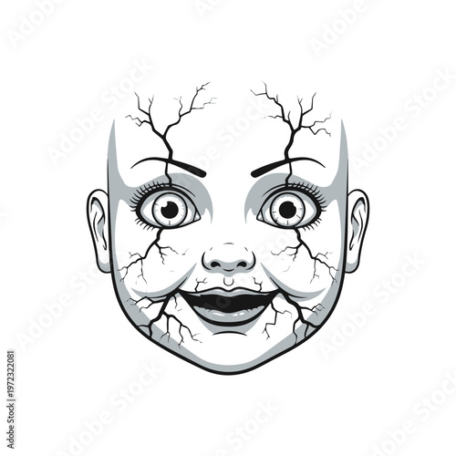 Haunting vector illustration of a vintage porcelain doll's cracked face, featuring wide, eerie eyes and an unsettling smile, perfect for horror themes, Gothic designs, or Halloween projects