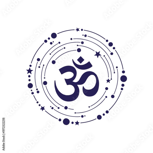 Spiritual Om Symbol Icon Surrounded by Celestial Star and Dot Orbits in a Cosmic Design