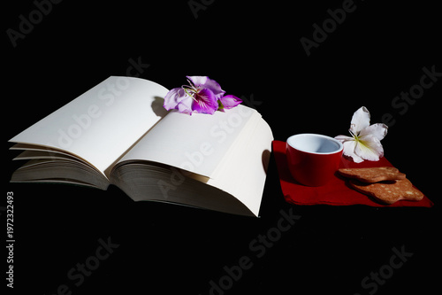 Charming still life with an open book, fresh flowers, a red coffee cup, and heart-shaped cookies on a solid black background. The natural light has a soft, glowing, and cozy feel