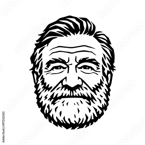 Logotipo con dibujo geométrico de la cara de un hombre mayor. Retrato de un anciano con barba
