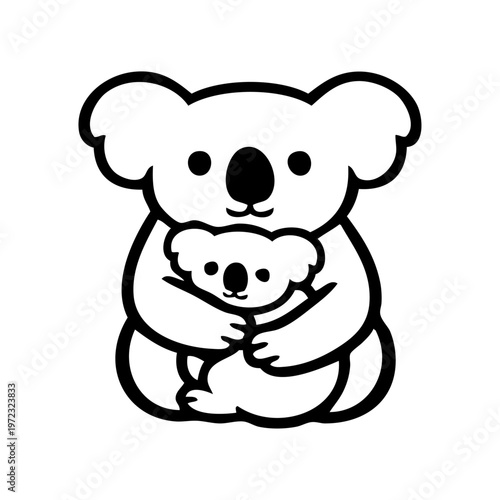 Logotipo con dibujo sencillo con líneas de un koala hembra abrazando a su cachorro, sentados vistos de frente 