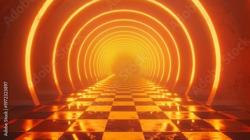A long tunnel with a checkered floor. The tunnel is lit up with bright orange lights