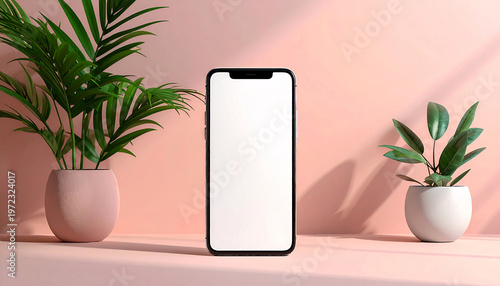 Minimalist Smartphone Mockup on Pastel Pink Table Background with Potted Houseplants and Shadow Overlay