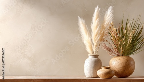 Bohemian Dried Pampas Grass and Wheat Stalks in Vases on Shelf.