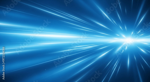 Vibrant blue light rays emanating from a bright glowing center in a dark blue background with streaks of white light radiating outward