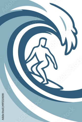 Vacaciones en la playa. Logo club de surf. Dibujo con líneas de un joven surfista en una tabla de surf en el interior de una ola de mar