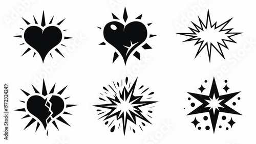 A set of six black and white vector graphic icons featuring hearts and stars with explosive designs