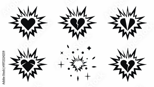 A set of black and white vector graphic icons featuring hearts and explosions on a white background