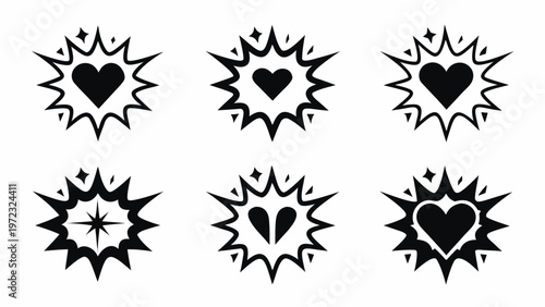 A set of six black and white comic book style heart explosion icons with starbursts and sparkles