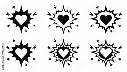 A set of six black and white heart explosion icons with arrows and spiky effects