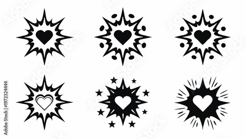 A set of six black and white heart explosion icons in a flat minimal design style