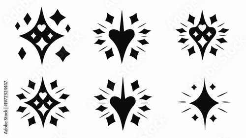 A set of six black tattoo style heart and starburst vector graphic designs on a white background