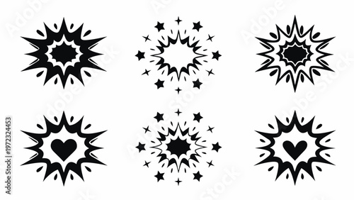 A set of six black starburst icons with various designs on a white background