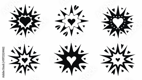 A set of six black and white heart explosion icons with spiky designs and small hearts