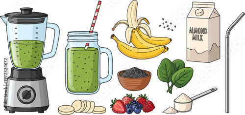 Colorful vector illustration of a healthy green smoothie preparation, featuring a blender, fresh fruits, spinach, seeds, and almond milk, isolated on white.