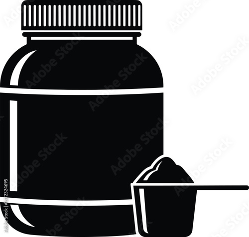 Bold black silhouette icon depicting a protein supplement container bottle with a full measuring scoop alongside, representing fitness, nutrition, and dietary health, isolated on white background.