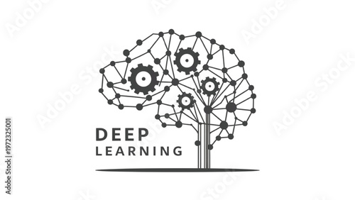 Deep learning concept with gears and network connections in a tree structure
