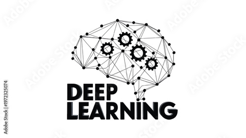 Deep learning concept with brain and gears on white background