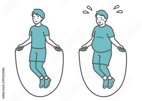 縄跳びをする標準体型の男性とぽっちゃり男性の比較セットイラスト