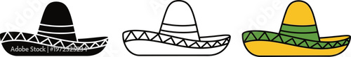 Three stylized sombreros in different colors and patterns displayed side by side Vector