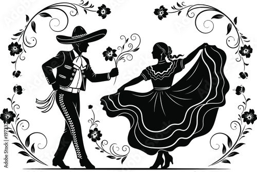 Traditional mexican couple dancing in vibrant attire with intricate floral borders Vector