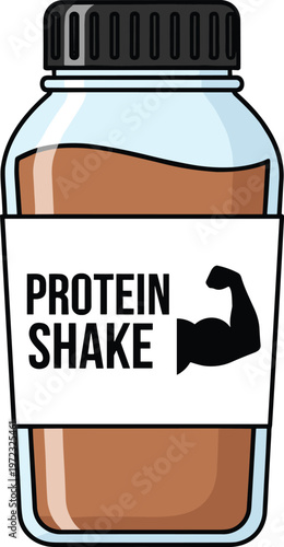 Bottle of protein shake with a muscular arm icon, representing strength and fitness.