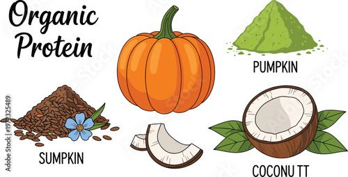 Healthy organic protein ingredients: pumpkin, coconut, and flax seeds with a blue flower.