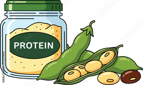 Jar of protein powder next to fresh soybeans and pods, healthy food ingredient illustration.