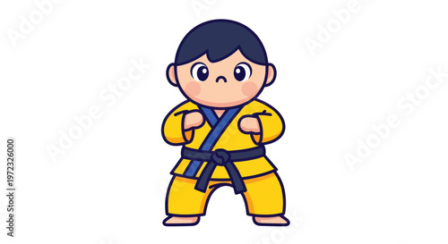 Cute Cartoon Boy in Yellow Karate Gi with Black Belt, Martial Arts Training