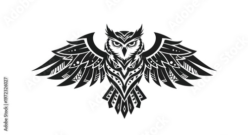 Tribal Owl Tattoo Design - Mystical Bird with Open Wings, Black and White Graphic Art