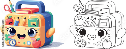 tiffin lunch box doodle school cartoon vector illustration of children learning kid color book