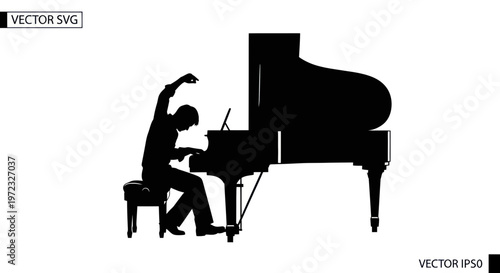 Silhouette of a man playing a grand piano with passion