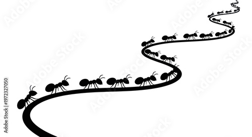 Ants marching in a line on a winding path, teamwork and cooperation concept