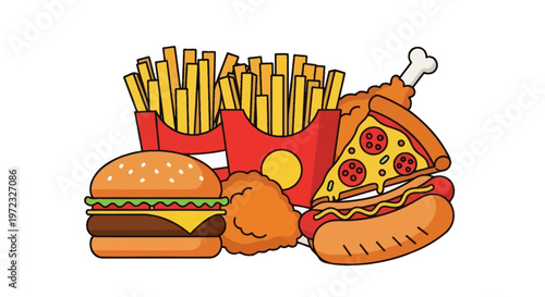 Delicious Fast Food Combo: Burger, Fries, Pizza, Hot Dog, Fried Chicken