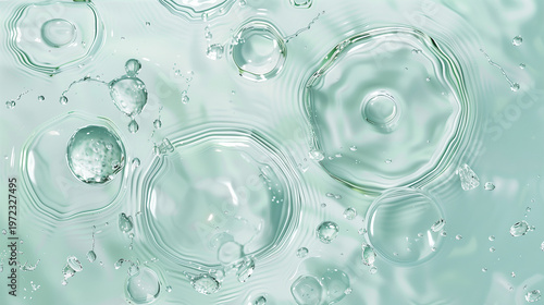 透明な水滴と波紋が広がるミントブルーの抽象マクロ背景